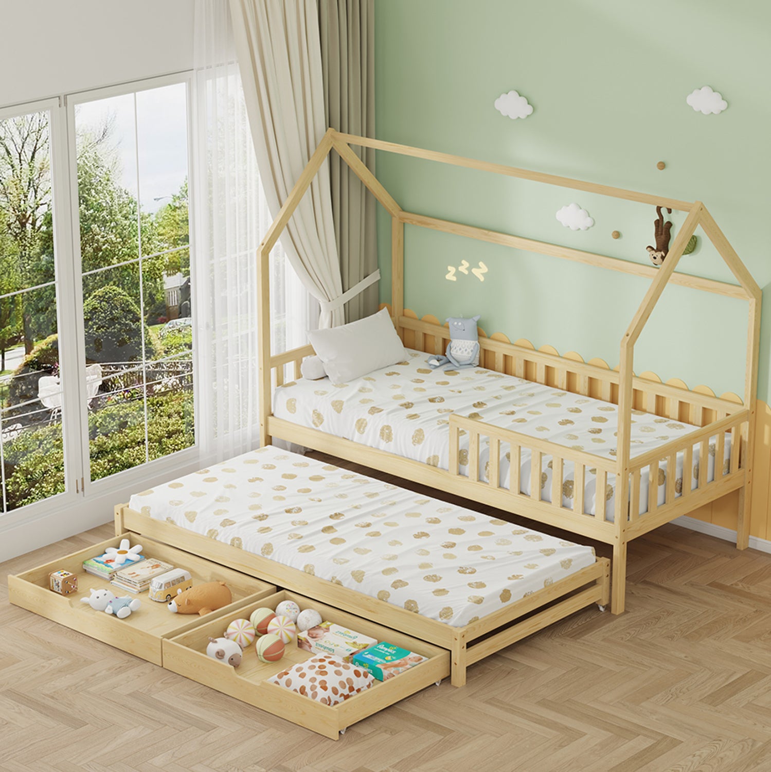 KID'S BED WITH RETRACTABLE SECOND BED & DRAWERS PHYLLIS HM723.01 PINE WOOD IN NATURAL 206x97x166Hcm.