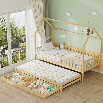 KID'S BED WITH RETRACTABLE SECOND BED & DRAWERS PHYLLIS HM723.01 PINE WOOD IN NATURAL 206x97x166Hcm.
