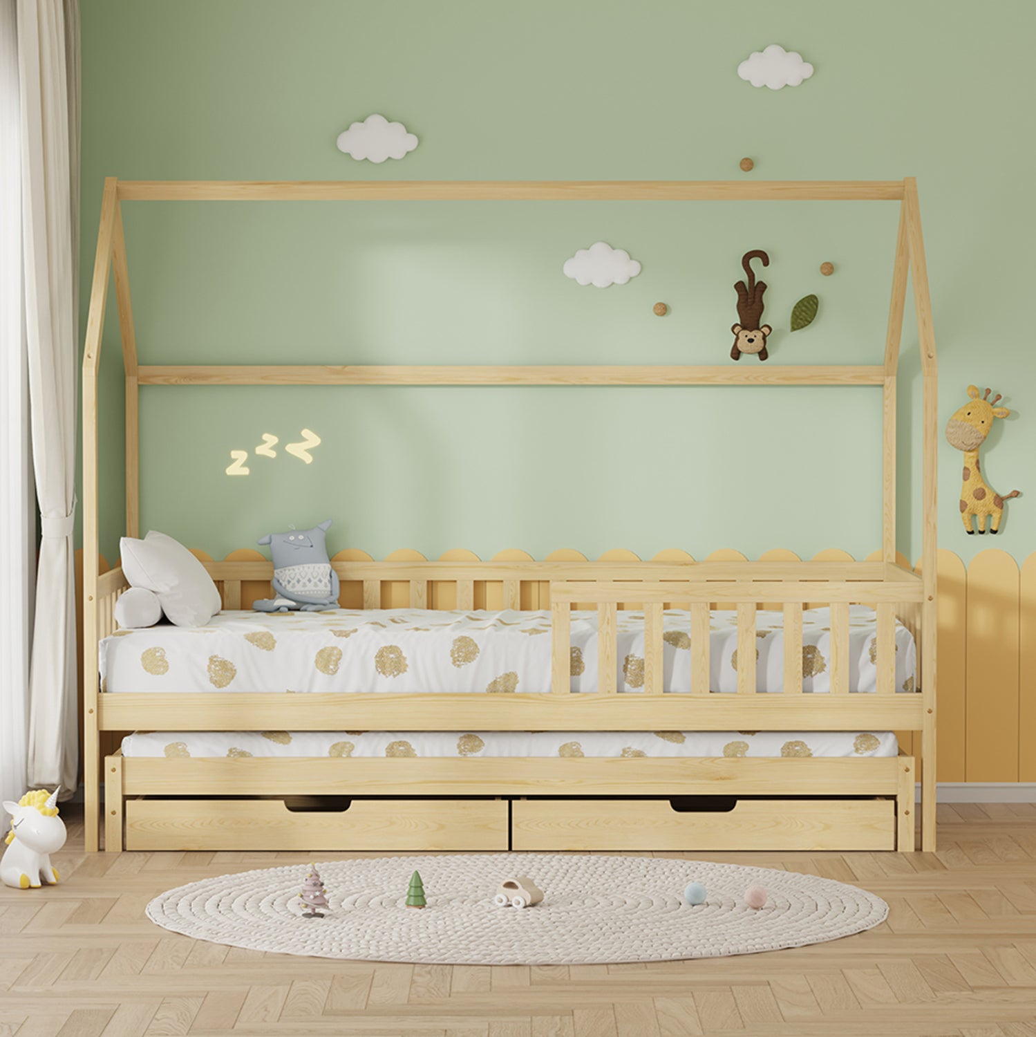KID'S BED WITH RETRACTABLE SECOND BED & DRAWERS PHYLLIS HM723.01 PINE WOOD IN NATURAL 206x97x166Hcm.