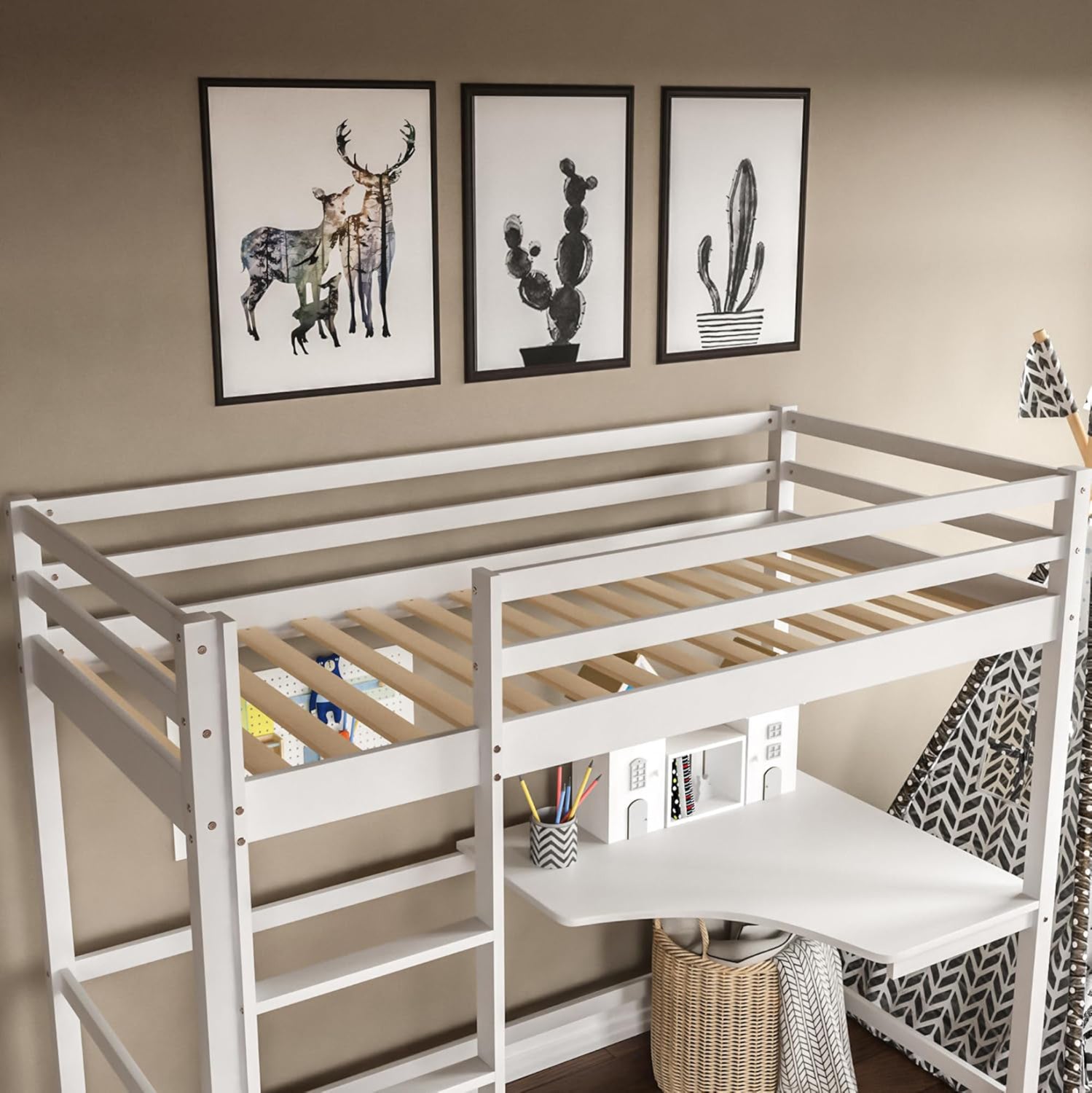KID'S BUNK BED WITH DESK AKRON HM702.03 PINE WOOD IN WHITE FOR MATTRESS 90x190cm.