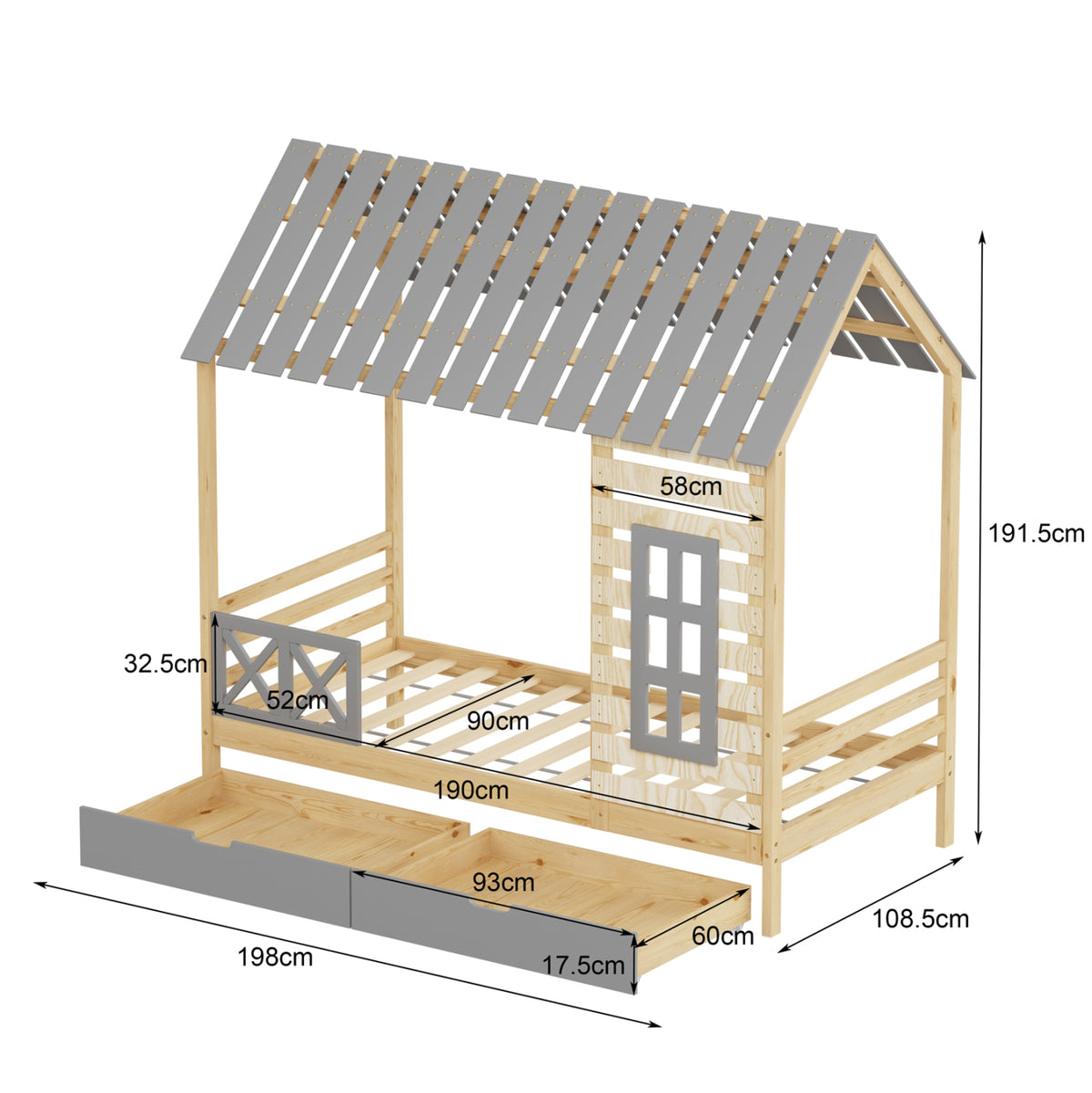 ΠΑΙΔΙΚΟ ΚΡΕΒΑΤΙ ΜΕ ΣΥΡΤΑΡΙΑ ROOFTOP HM754.05 ΞΥΛΟ ΠΕΥΚΟΥ-ΦΥΣΙΚΟ/ΓΚΡΙ 197x97x192Υεκ