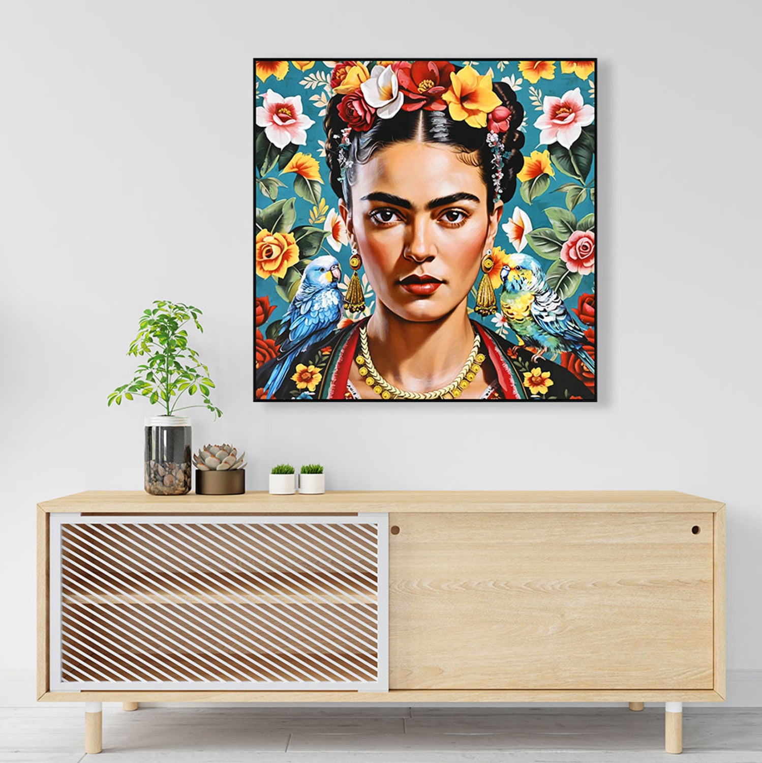 WALL PAINTING PARROTS HM4567 BLACK PS FRAME-PRINTED CANVAS WOMAN FACE & PARROTS 82x4,5x82Hcm.