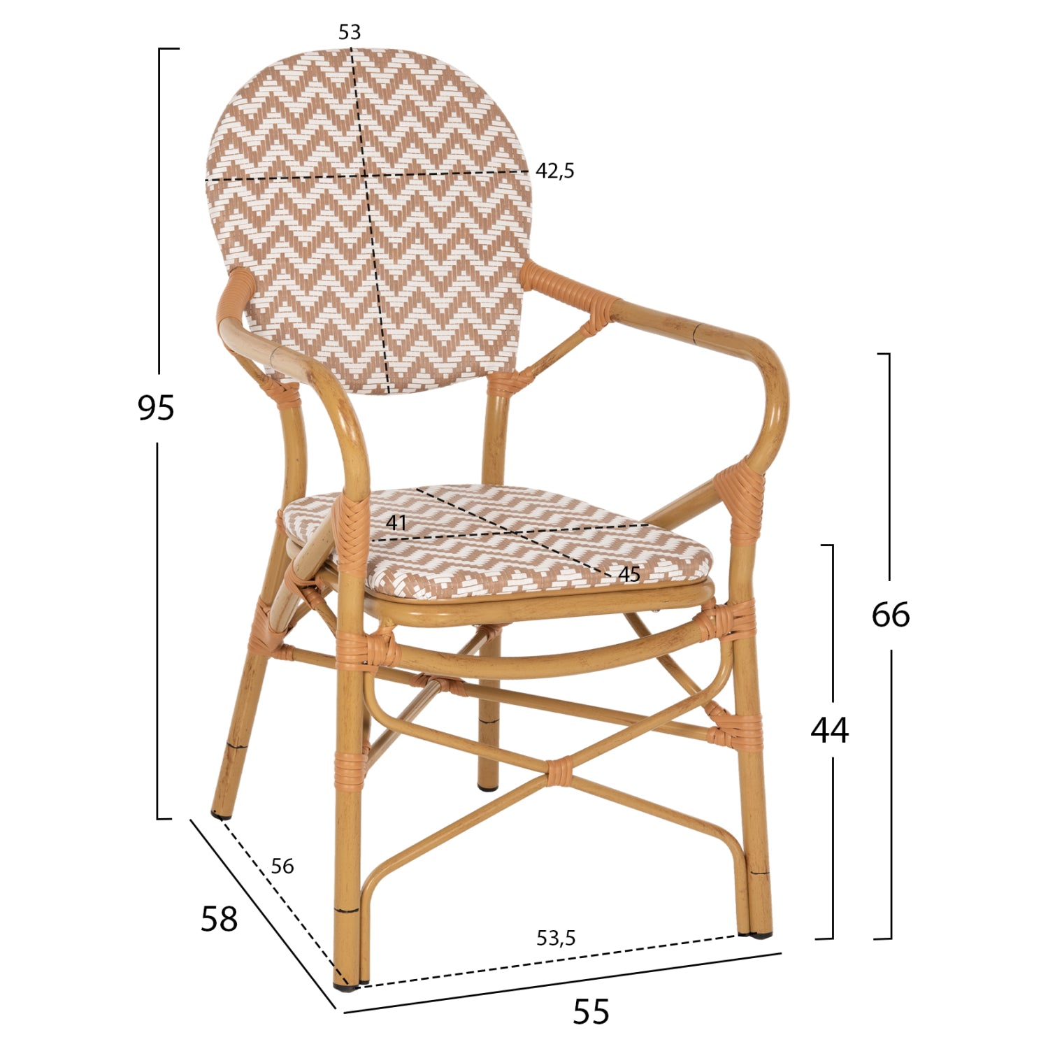 ARMCHAIR ALUMINUM HM5928.03 BAMBOO LOOK WITH TEXTLINE- NATURAL &WHITE 55x58x95Hcm.