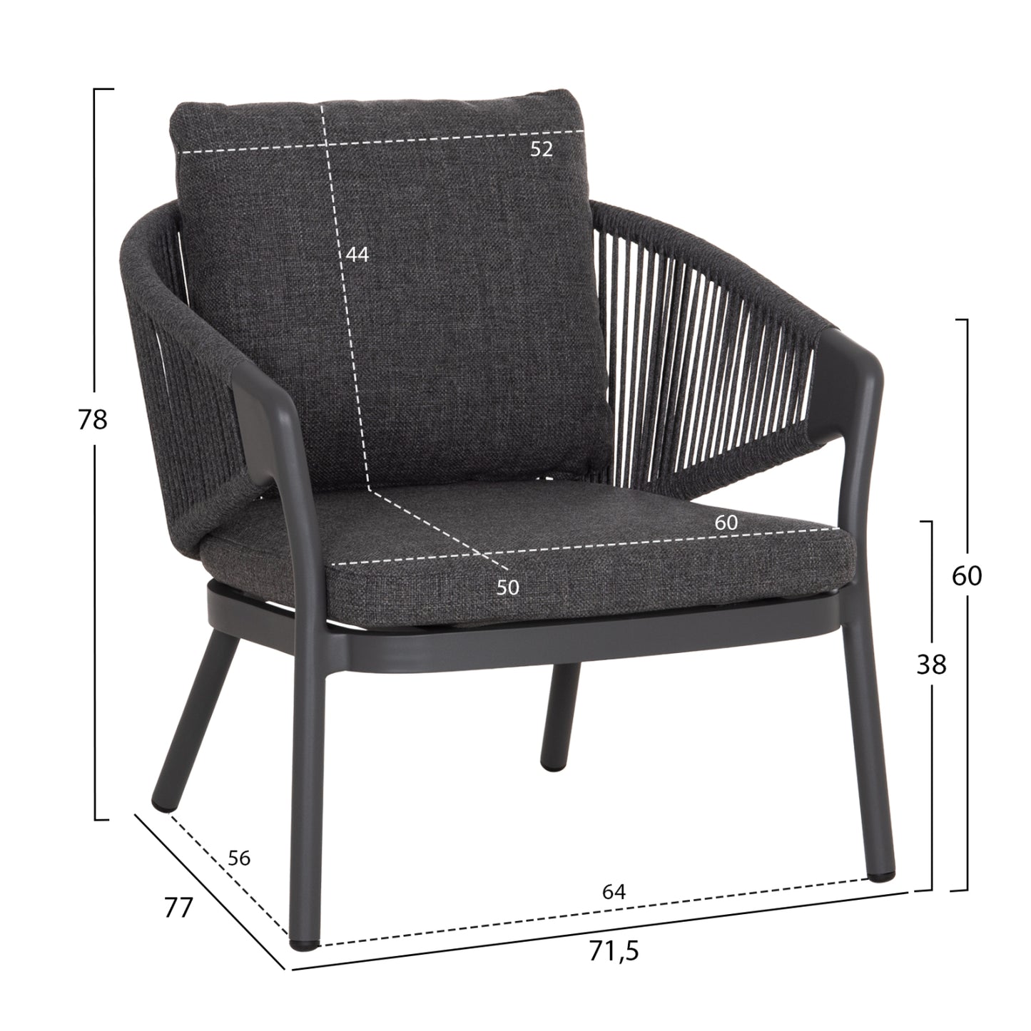 LOUNGE ALUMINUM CHAIR XANTION HM6471.01 WITH ROPE & CUSHIONS--GREY 71.5x77x78Hcm.