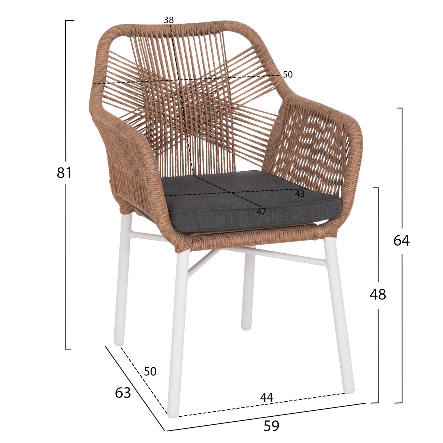 ARMCHAIR OUTDOORS TOPIN HM6048.01 ALUMINUM WHITE-P.E. RATTAN LIGHT BROWN-CUSHION GREY 58x60x83Hcm