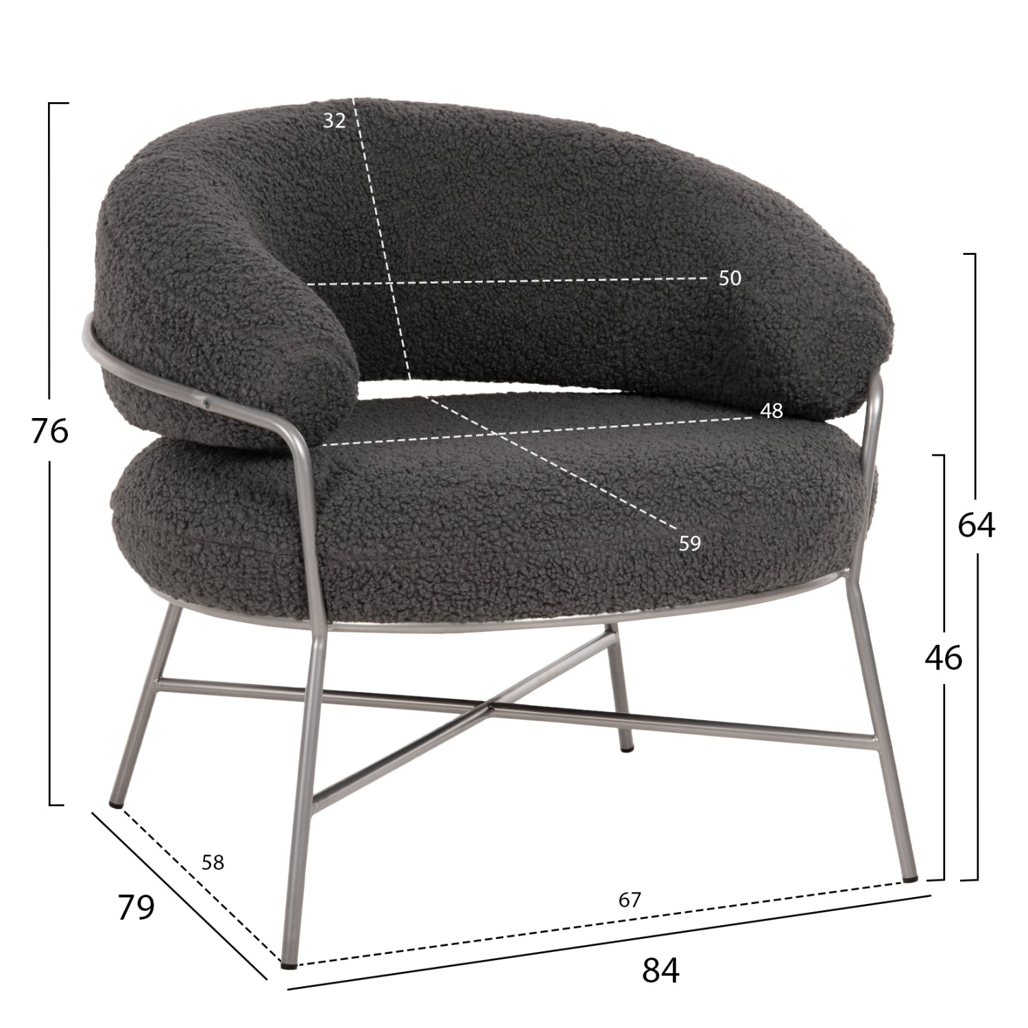 ARMCHAIR TRUDI HM8639.21 GREY BOUCLE FABRIC AND SILVER METAL FRAME 84x79x76Hcm.
