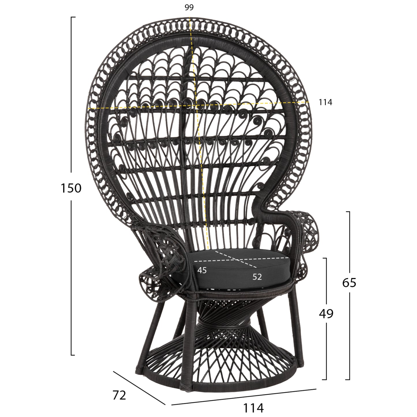 ARMCHAIR ROYAL PEACOCK HM9342.03 RATTAN IN BLACK- CUSHION BLACK 114x72x150Hcm.