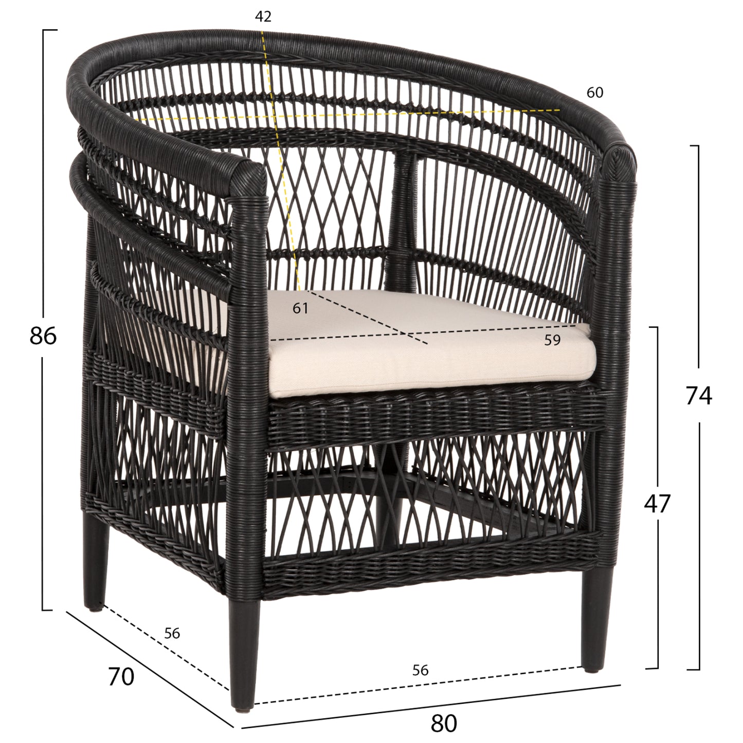 ARMCHAIR MALAWI HM9635.03 MAHOGANY WOOD WITH RATTAN IN BLACK-WHITE CUSHION 80x70x86Hcm.