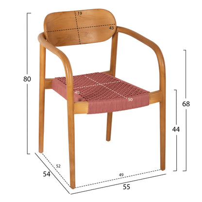 ARMCHAIR OSLO HM9636.06 TEAK WOOD IN NATURAL & PINK ROPE 55x54x80Hcm.