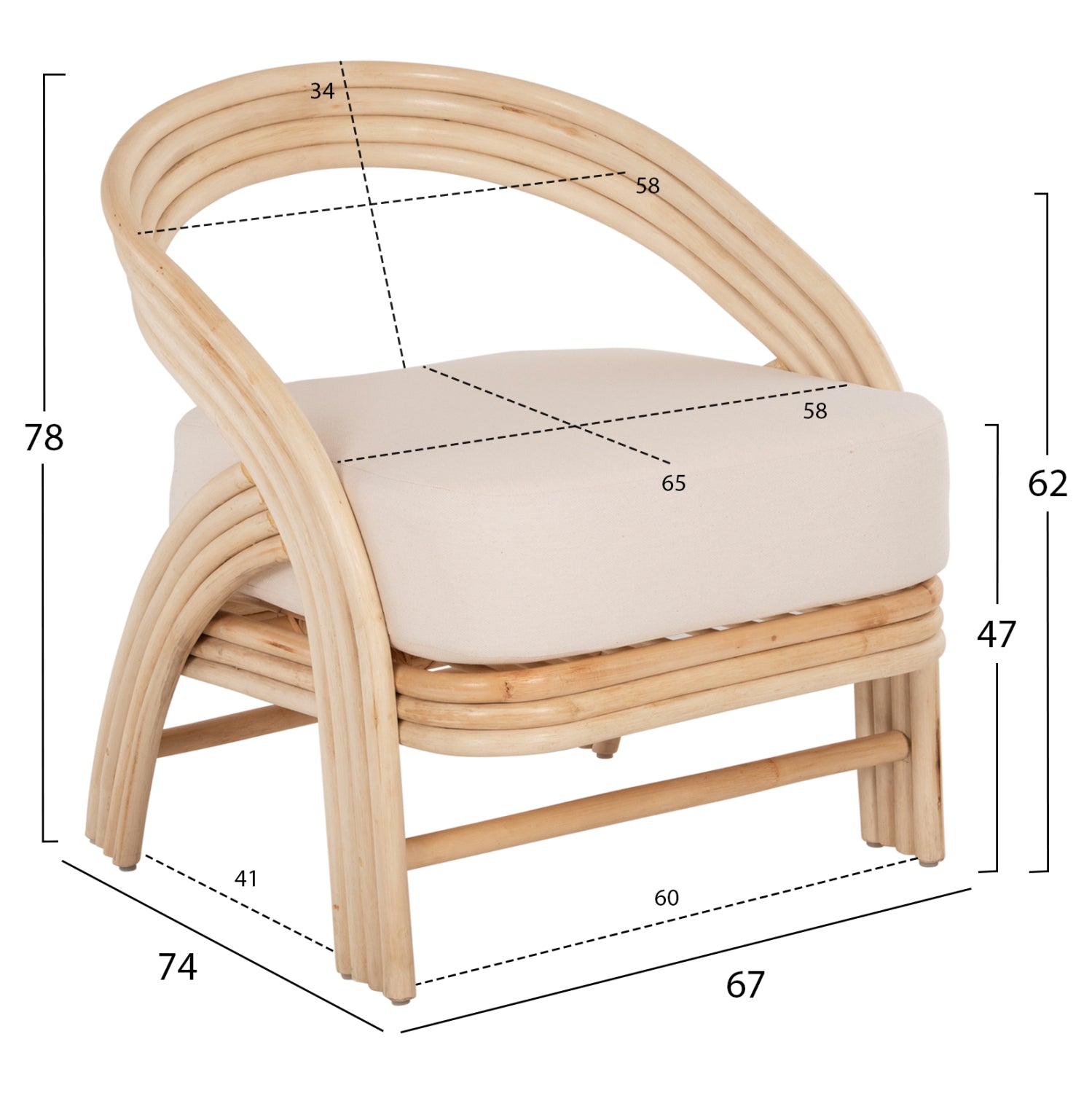 ARMCHAIR DONITA HM9838 RATTAN IN NATURAL WITH WHITE CUSHION 67x74x78Hcm.