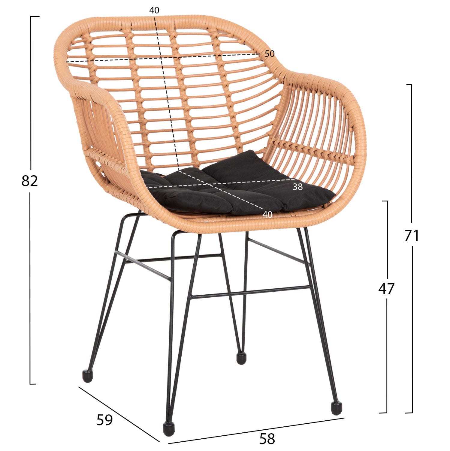 ARMCHAIR WITH SEAT CUSHION METAL FRAME ALLEGRA HM5450.31 BEIGE RATTAN IN WICKER 58x59x82H cm.m.