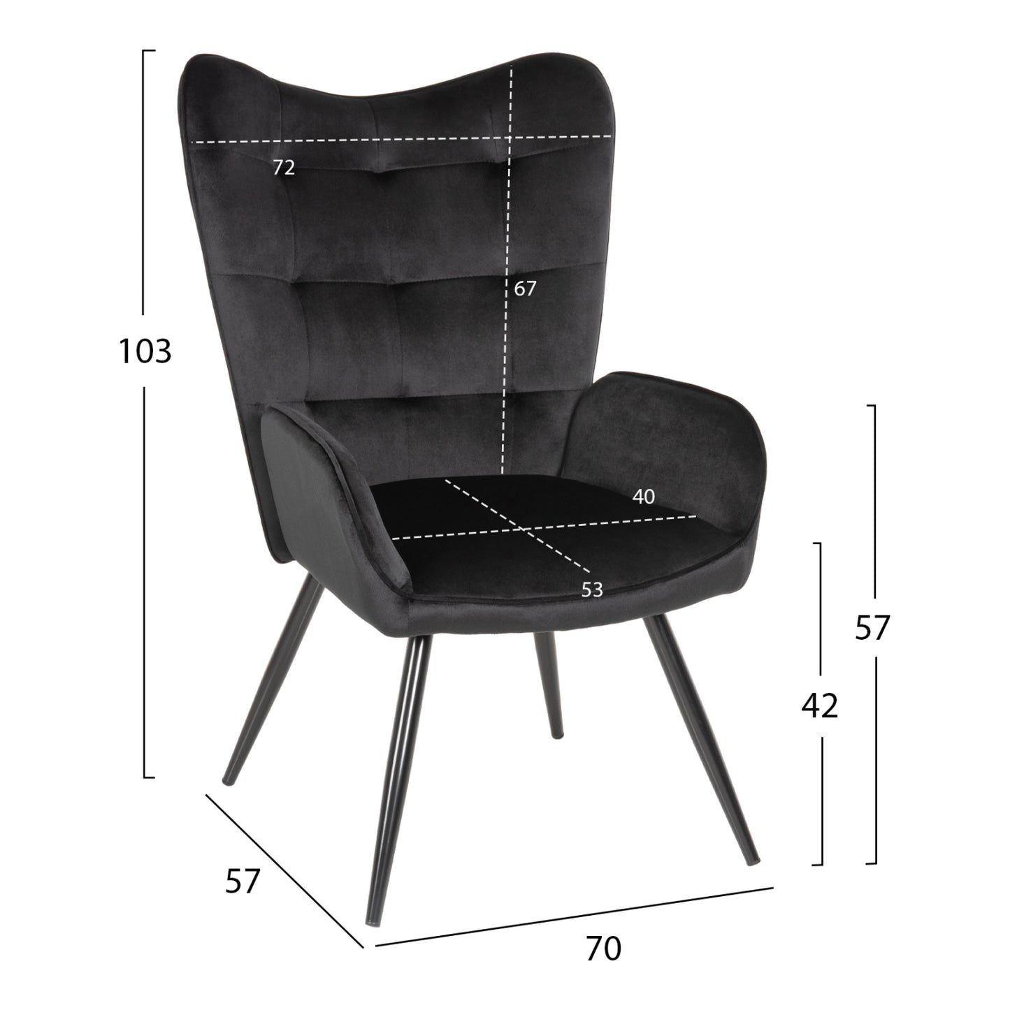 ARMCHAIR WITH FOOTSTOOL CRAWLEY HM8918.04 BLACK VLEVET-METAL LEGS 70x57x103Hcm.