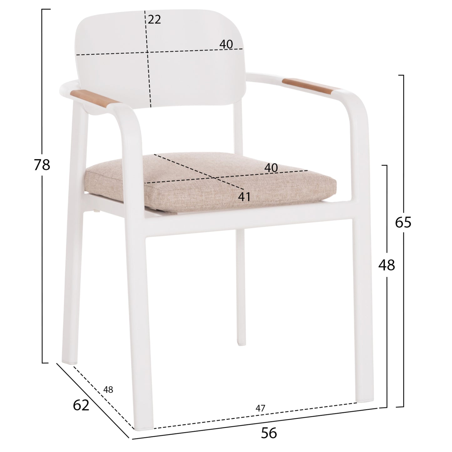 DINING CHAIR ELARA HM6414.02 WHITE ALUMINUM-BEIGE OLEFIN FABRIC--TEAK WOOD 56x62x78Hcm.