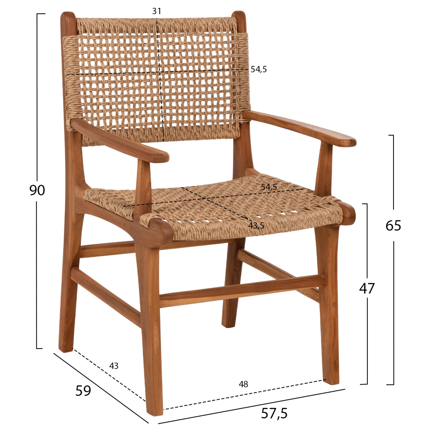ARMCHAIR NESHA ΗΜ9385.11 SOLID TEAK NATURAL COLOR KNITTED RATTAN ROPE 57.5x59x90Hcm.
