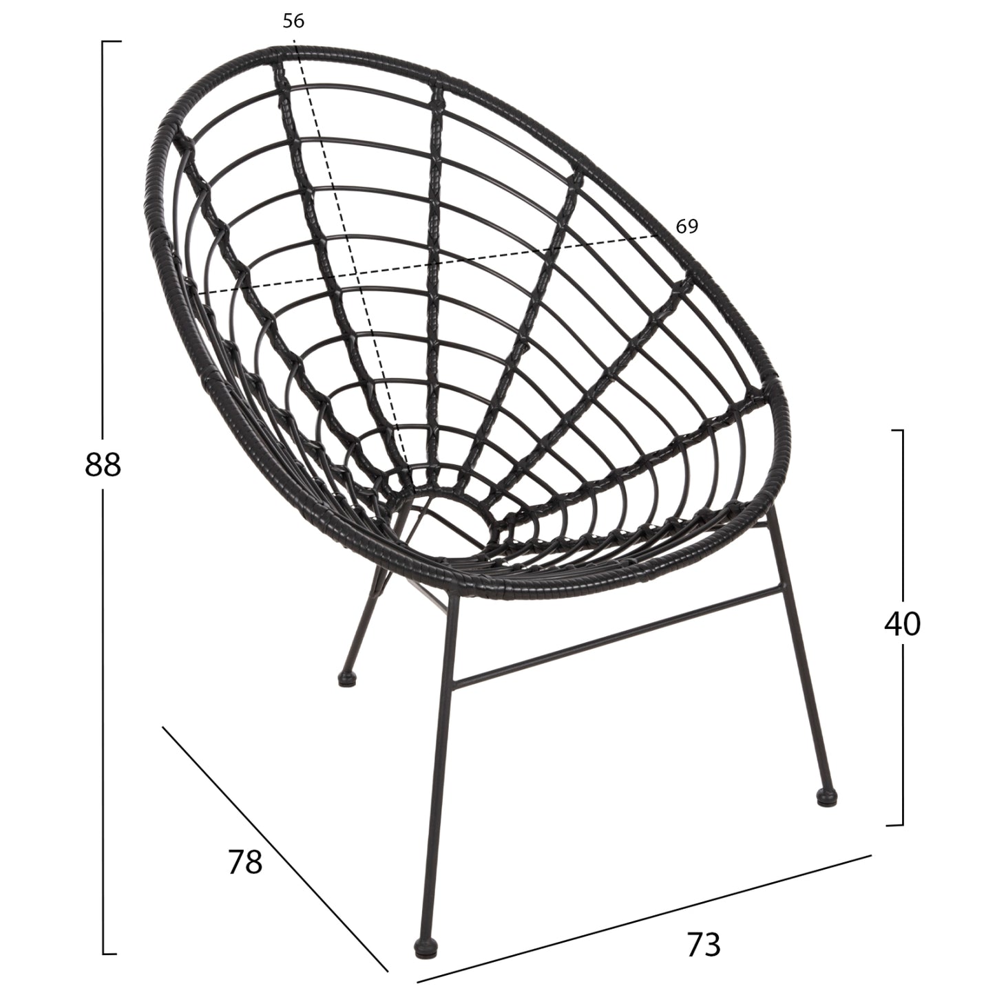 ARMCHAIR NEST-TYPE ALLEGRA HM5458.12 BLACK METAL-WICKER IN BLACK 73x78x88H cm.
