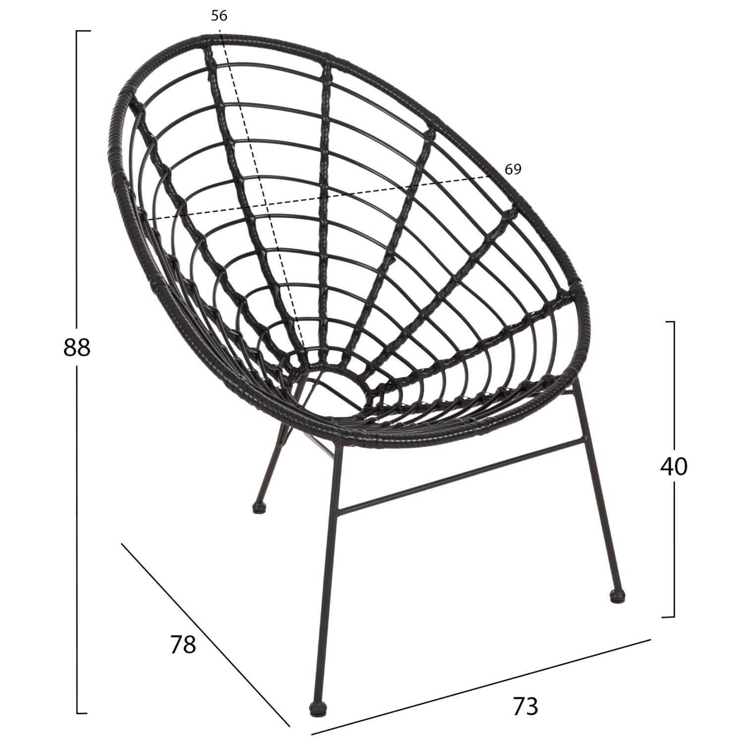ARMCHAIR NEST-TYPE ALLEGRA HM5458.12 BLACK METAL-WICKER IN BLACK 73x78x88H cm.