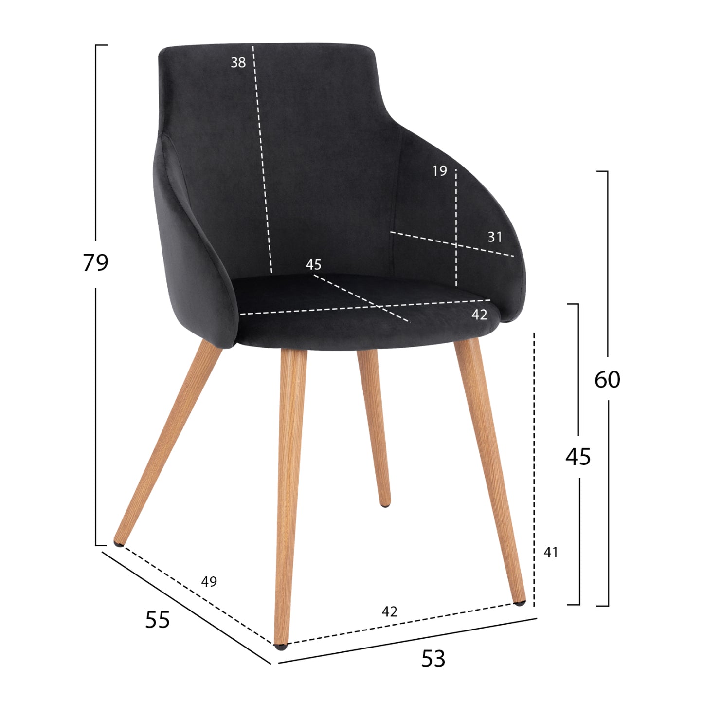 Armchair Ivy Velvet Black with metallic legs HM8546.04 53x55x79cm