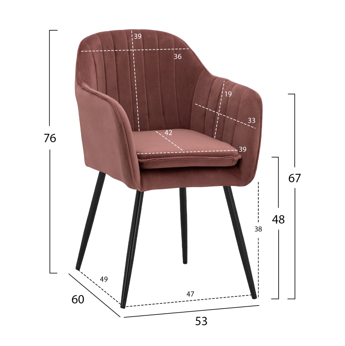 VELVET ARMCHAIR SAWYER IN DUSTY PINK WITH BLACK LEGS HM8523.12 53x60x76cm