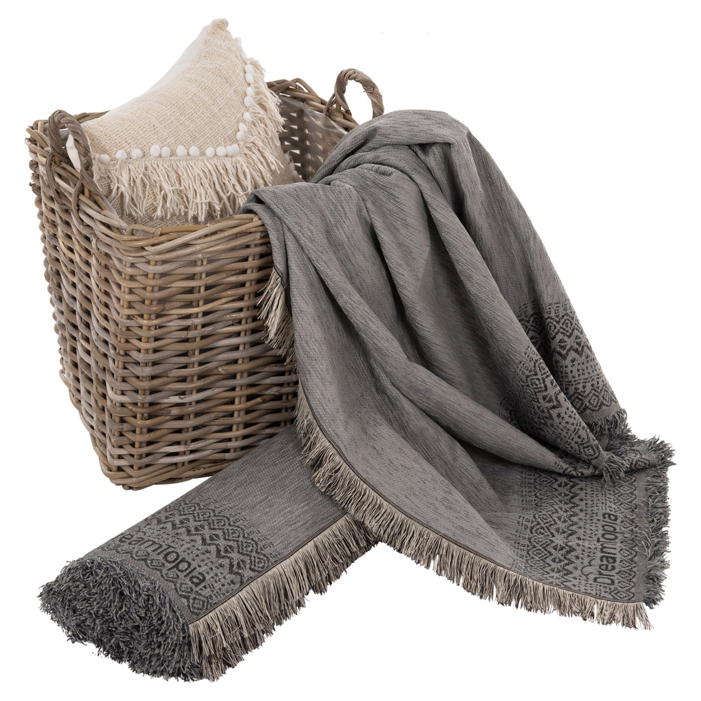 SOFA COVER-THROW WITH FRINGES DREAMTOPIA HM12164.05 IN GREY COLOR 178X178cm.