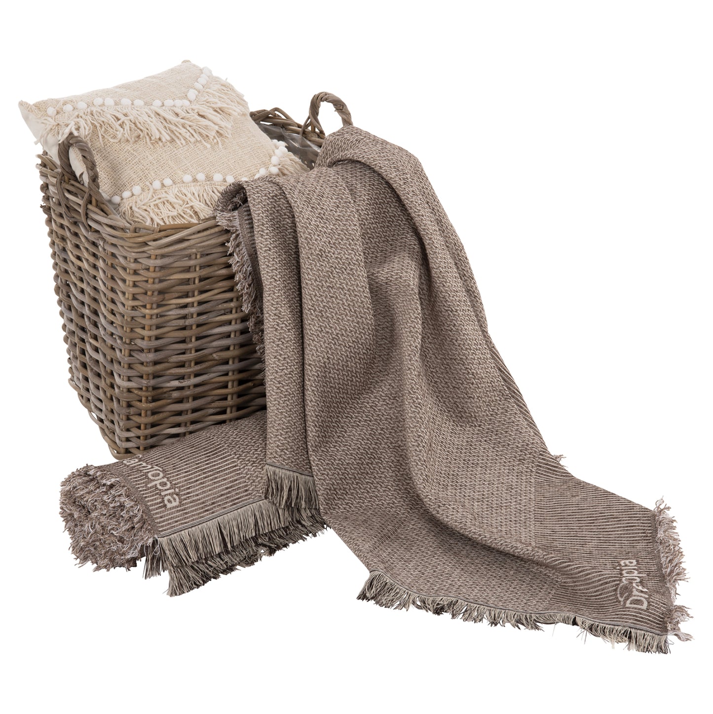 SOFA COVER-THROW WITH FRINGES DREAMTOPIA HM12165.01 IN LIGHT BROWN COLOR 295X170cm.