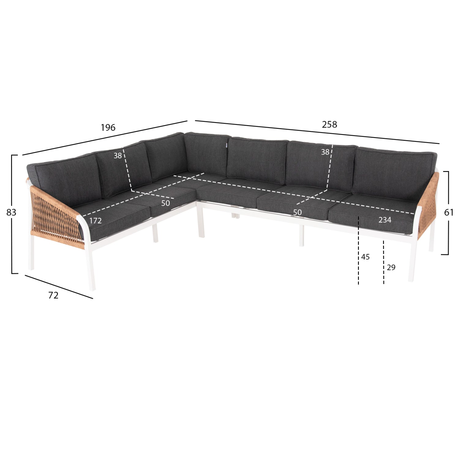 OUTDOOR CORNER LOUNGE SET MAERLY HM6140.01 WHITE ALUMINUM-ANTHRACITE CUSHIONS-BEIGE SYNTHETIC ROPE