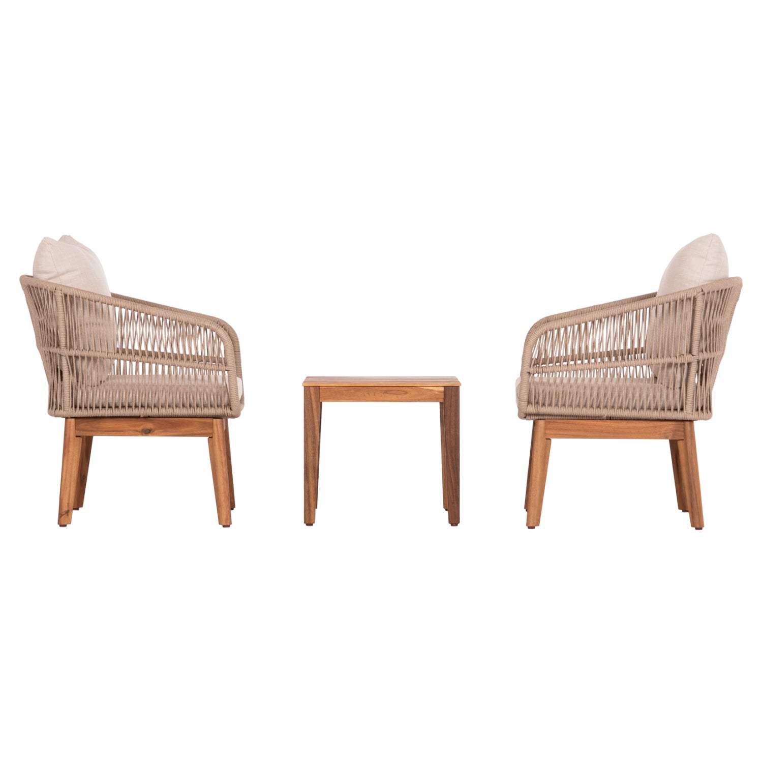 OUTDOOR LOUNGE SET 3PCS RUTH HM6229 ACACIA WOOD--ROPE-METAL FRAME-CUSHIONS IN BEIGE