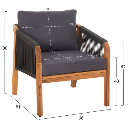 OUTDOOR LOUNGE SET 4PCS ROSSWELL HM6084.01 ACACIA WOOD-ROUND ROPE & CUSHIONS IN ANTHRACITE