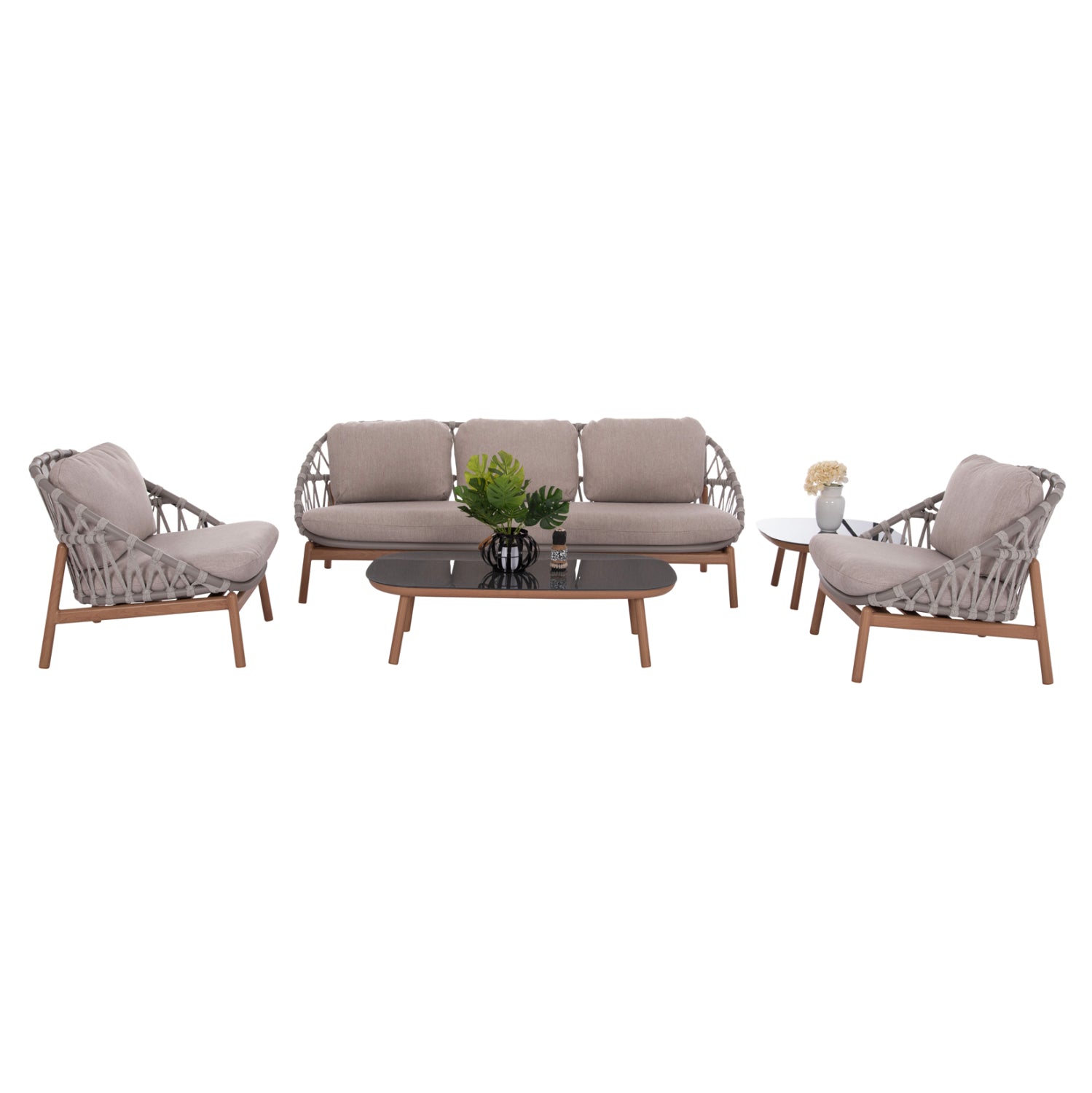 OUTDOOR LOUNGE SET 5PCS KROM HM6360.02 ALUMINUM--STRAP ROPE--3D PRINTED GLASS TOP