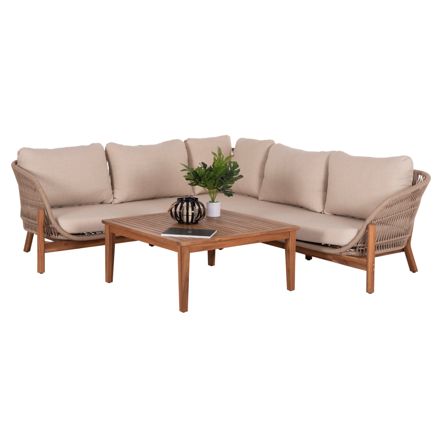OUTDOOR LOUNGE CORNER 3PCS SET SANJI HM6223 ACACIA WOOD-ALUMINUM FRAME-ROPE
