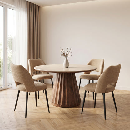 DINING SET 5PCS WALDEN HM12104.03 CERAMIC TOP IN TRAVERTINE COLOR--TAUPE FABRIC CHAIRS