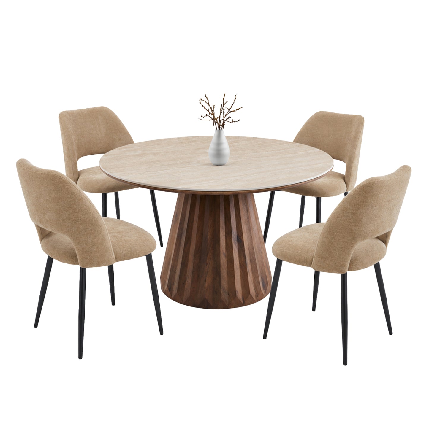 DINING SET 5PCS WALDEN HM12104.03 CERAMIC TOP IN TRAVERTINE COLOR--TAUPE FABRIC CHAIRS