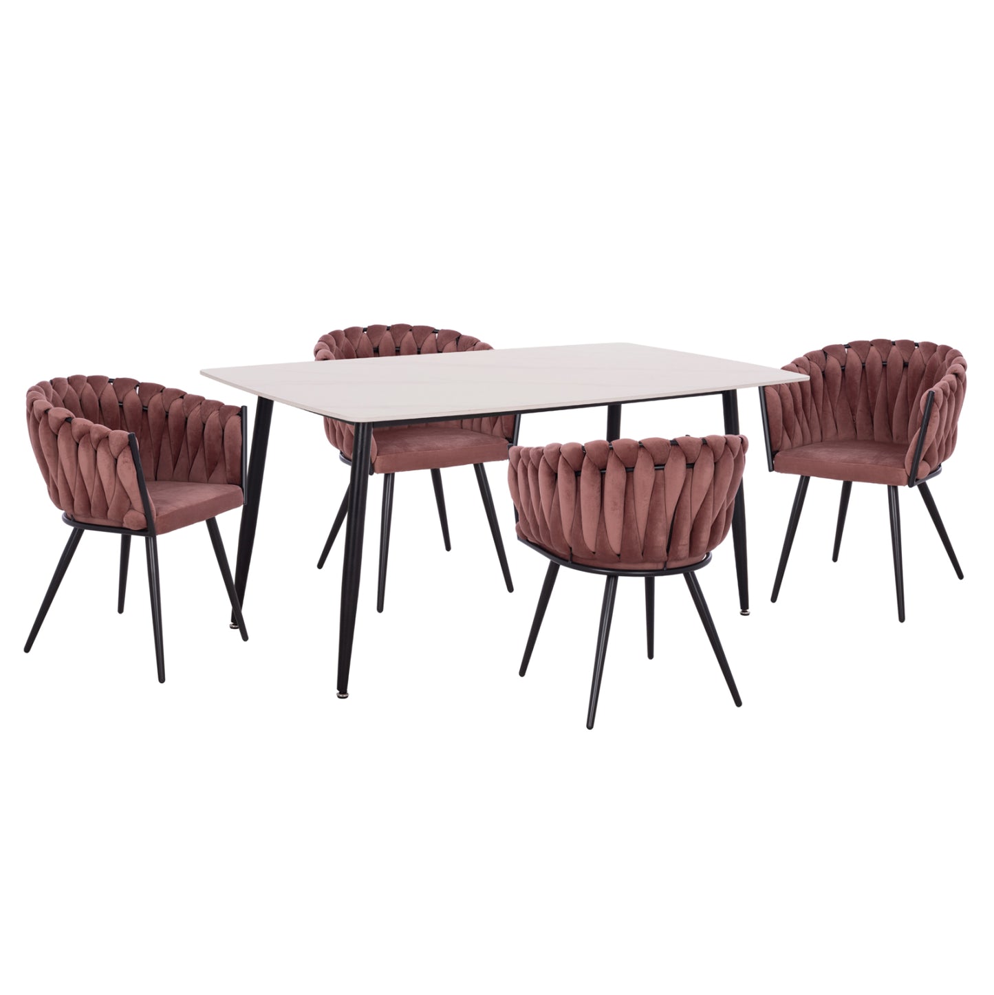 DINING SET 5PCS RAVEN HM12117.01 CERAMIC TOP WHITE MARBLE--DUSTY PINK VELVET