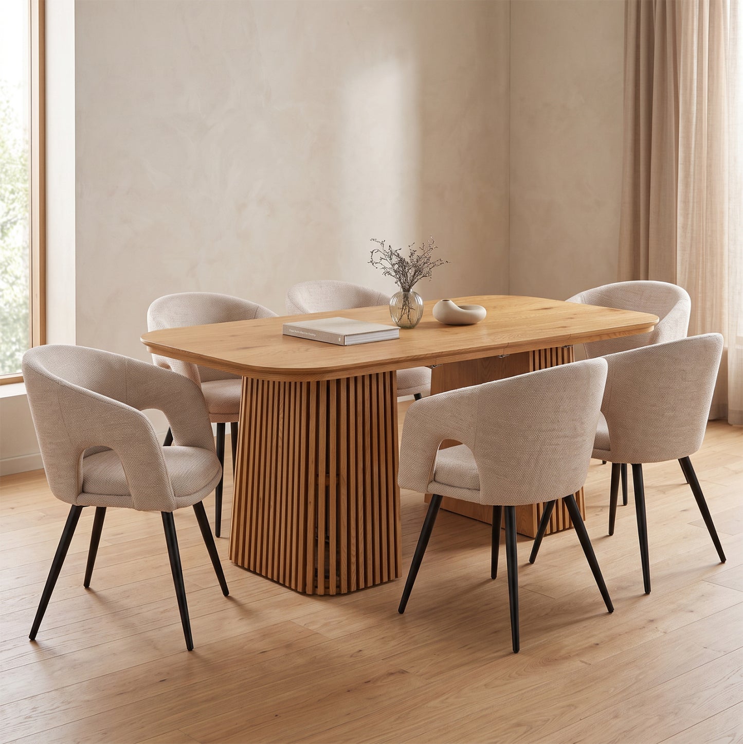 DINING SET 7PCS EXTENDABLE CORNEL HM12107.02 MDF--FABRIC IN BEIGE