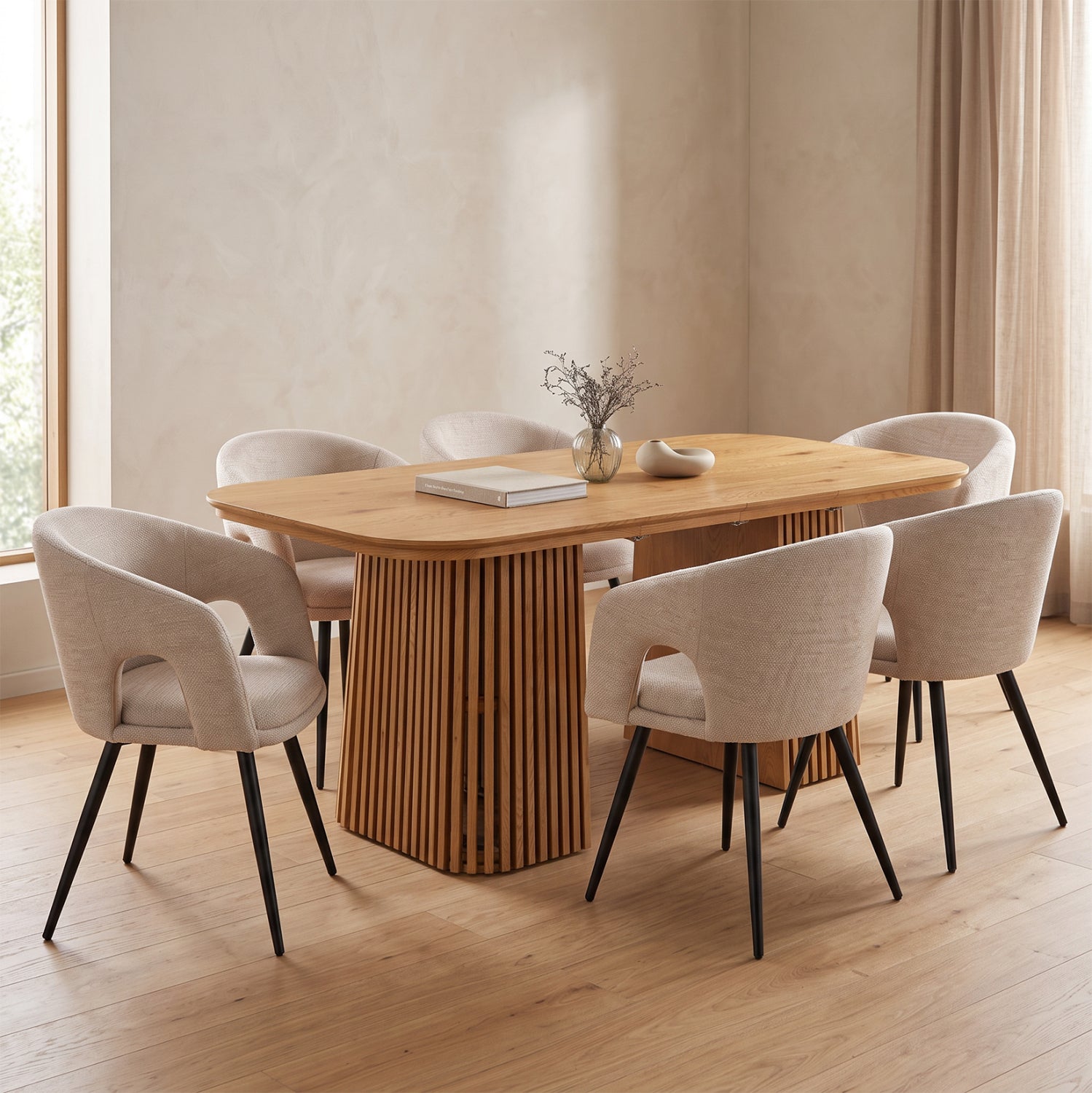 DINING SET 7PCS EXTENDABLE CORNEL HM12107.02 MDF--FABRIC IN BEIGE