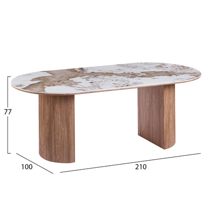 DINING SET 7PCS MARBLEX HM11391 CERAMIC TOP IN PANDORA COLOR SCHEME--CHAIRS WITH TAUPE COLOR FABRIC