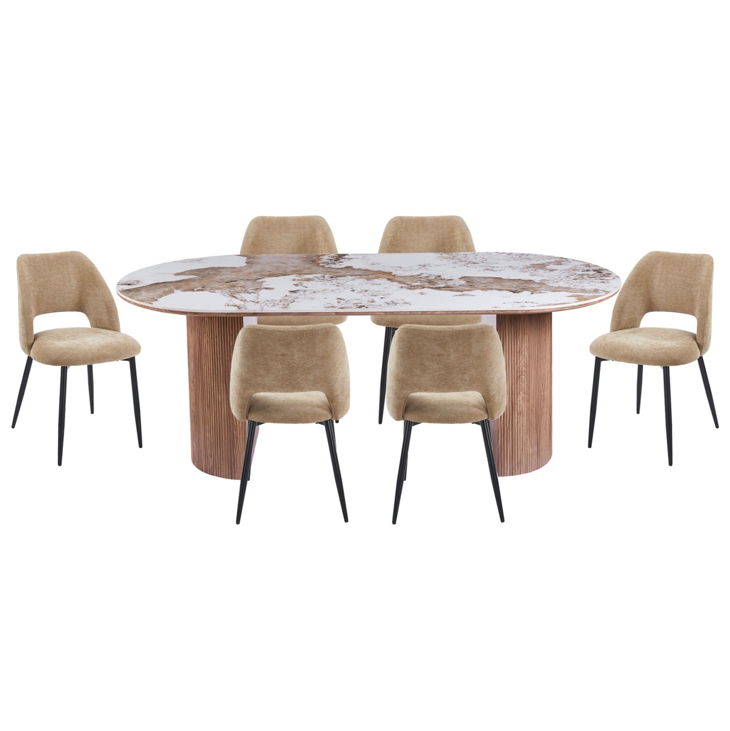 DINING SET 7PCS MARBLEX HM11391 CERAMIC TOP IN PANDORA COLOR SCHEME--CHAIRS WITH TAUPE COLOR FABRIC