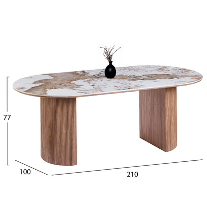 DINING SET 7PCS MARBLEX HM11394.03 CERAMIC TOP IN PANDORA COLOR SCHEME--CHAIRS WITH TAUPE COLOR FABRIC