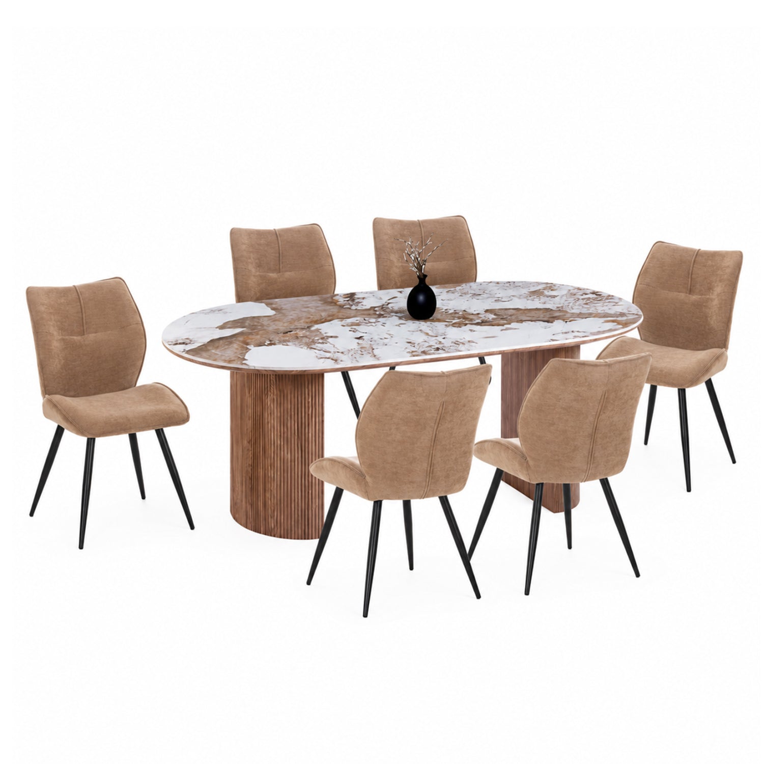 DINING SET 7PCS MARBLEX HM11394.03 CERAMIC TOP IN PANDORA COLOR SCHEME--CHAIRS WITH TAUPE COLOR FABRIC