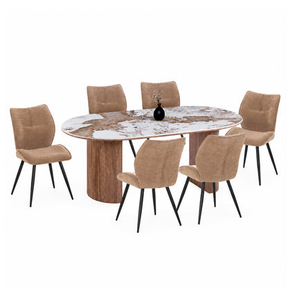 DINING SET 7PCS MARBLEX HM11394.03 CERAMIC TOP IN PANDORA COLOR SCHEME--CHAIRS WITH TAUPE COLOR FABRIC