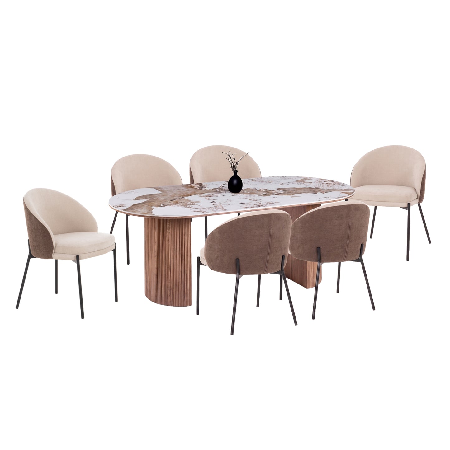 DINING SET 7PCS DETTON HM12100.02 CERAMIC TOP IN PANDORA COLOR SCHEME--BEIGE/BROWN COLOR FABRIC