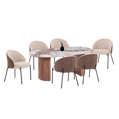 DINING SET 7PCS DETTON HM12100.02 CERAMIC TOP IN PANDORA COLOR SCHEME--BEIGE/BROWN COLOR FABRIC