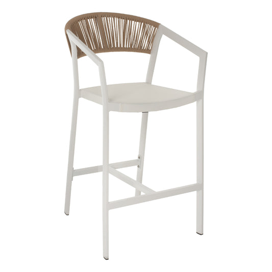 BAR STOOL ALUMINUM WITH ARMS WHITE PE RATTAN BACK TEXTLINE SEAT 56x58x105Hcm.HM5892.02