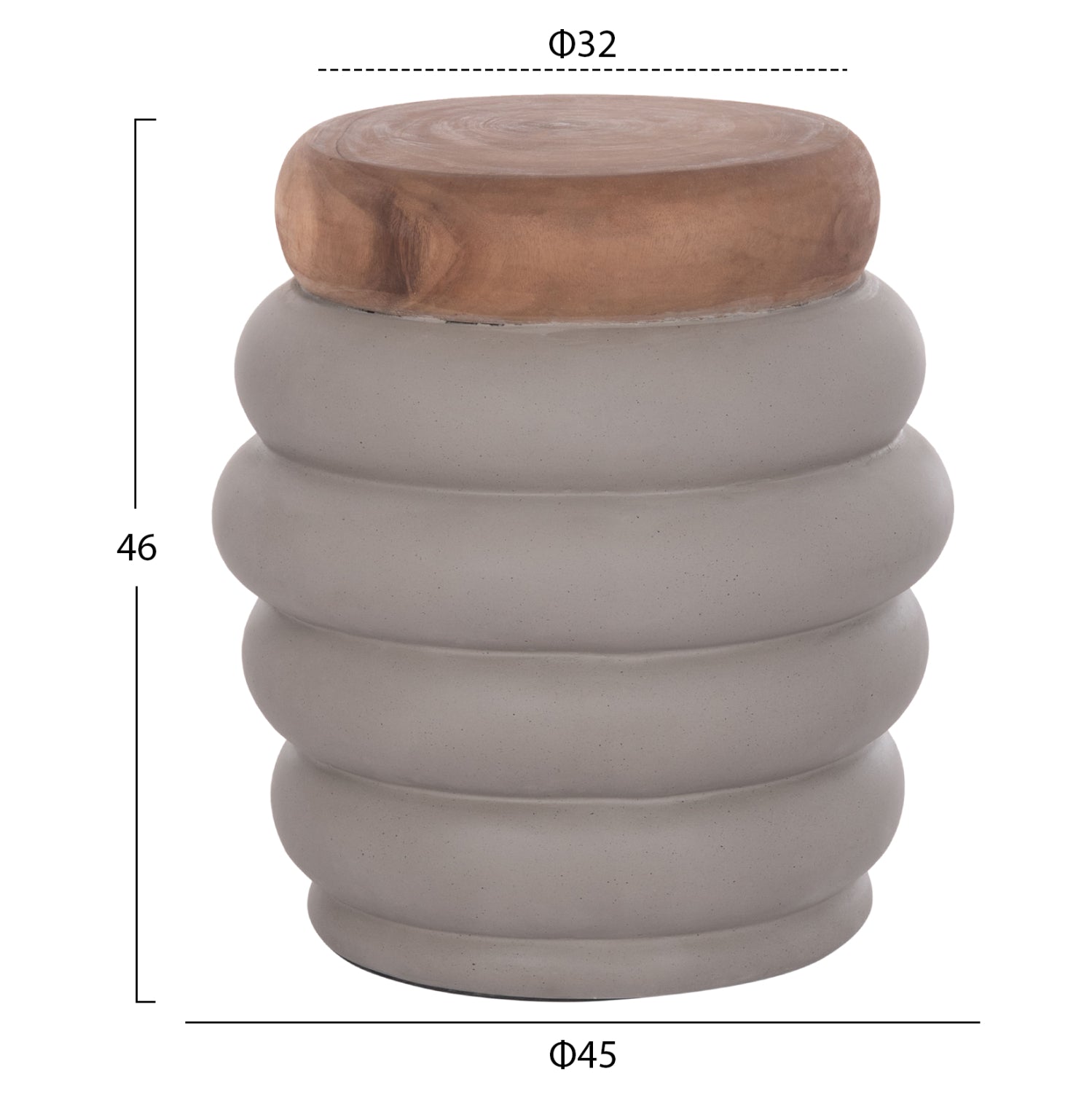 STOOL PUFFAT HM18172.03 FIBER CEMENT IN GREY-TEAK WOOD TOP Φ45x46Hcm.
