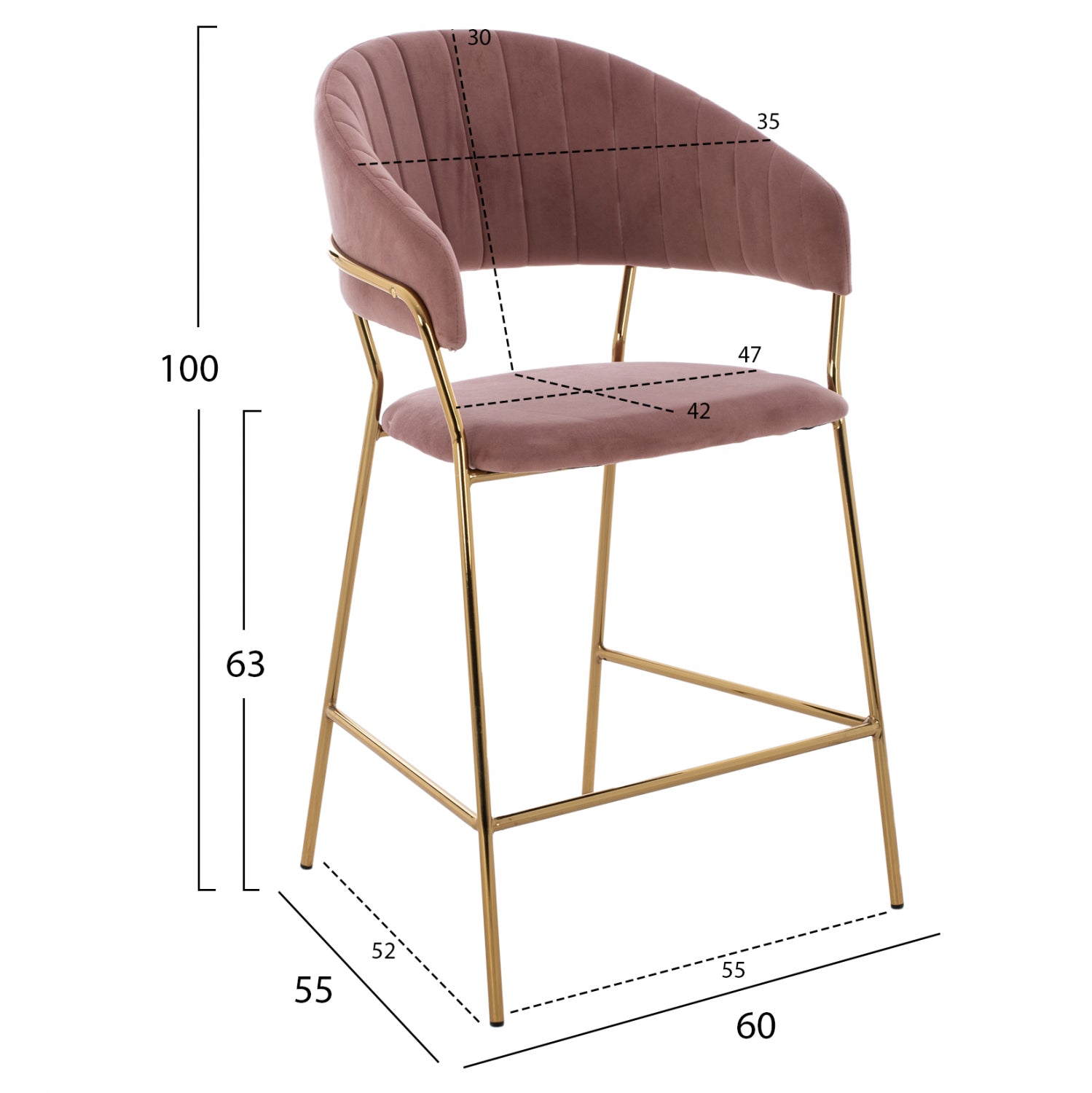 MEDIUM HEIGHT STOOL HM8734.02 VELVET DUSTY PINK GOLDEN FRAME 60x55x100Y cm.