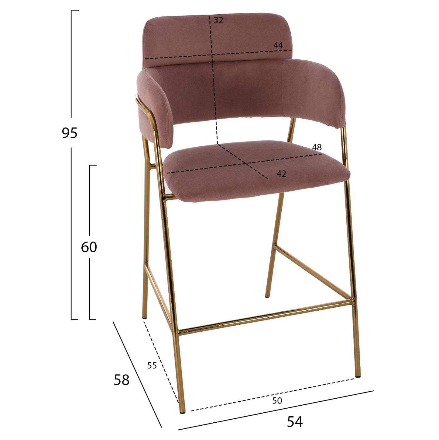 MEDIUM HEIGHT STOOL HM8735.02 VELVET DUSTY PINK GOLDEN FRAME 54x58x95Y cm.
