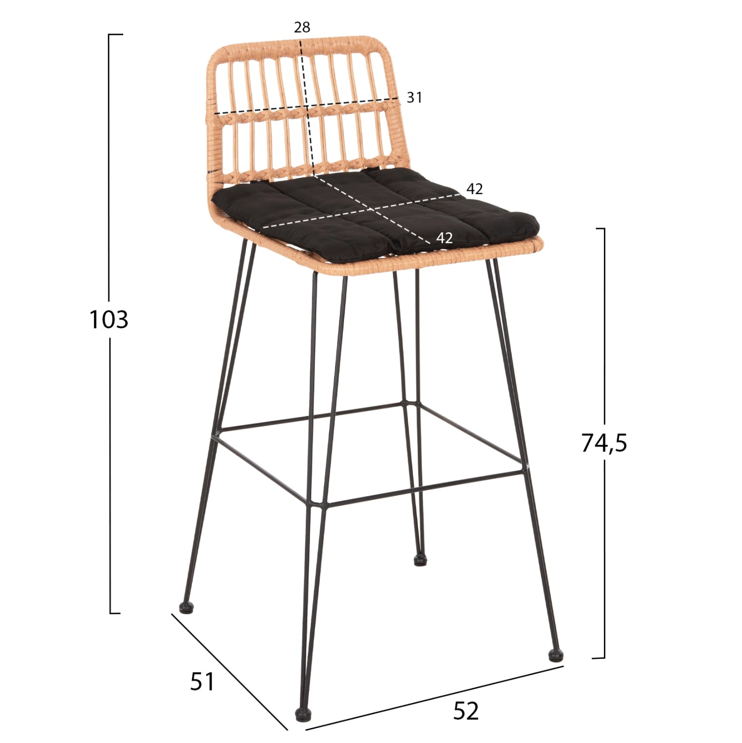 BAR STOOL OUTDOOR ALLEGRA HM5452.11 METAL&CUSHION IN BLACK-BEIGE WICKER 52x51x103H cm.