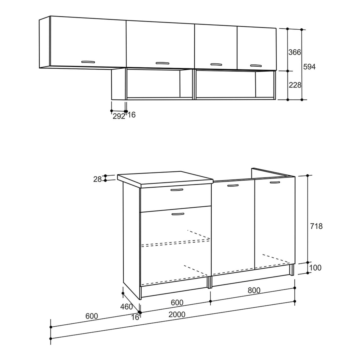 KITCHEN COMPOSITION RODNEY HM2440.10 GREY MELAMINE WITH WHITE COUNTERTOP 200x46-29,2cm.