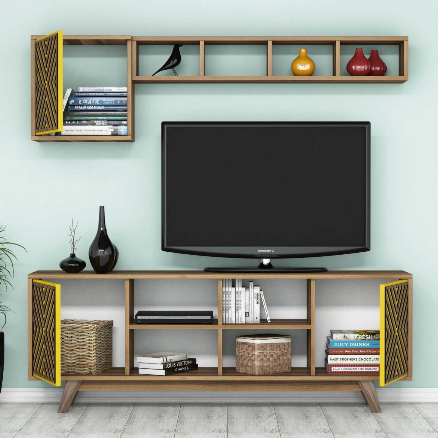 LIVING ROOM COMPOSITION HM11853.04 2PCS MELAMINE IN WALNUT-YELLOW