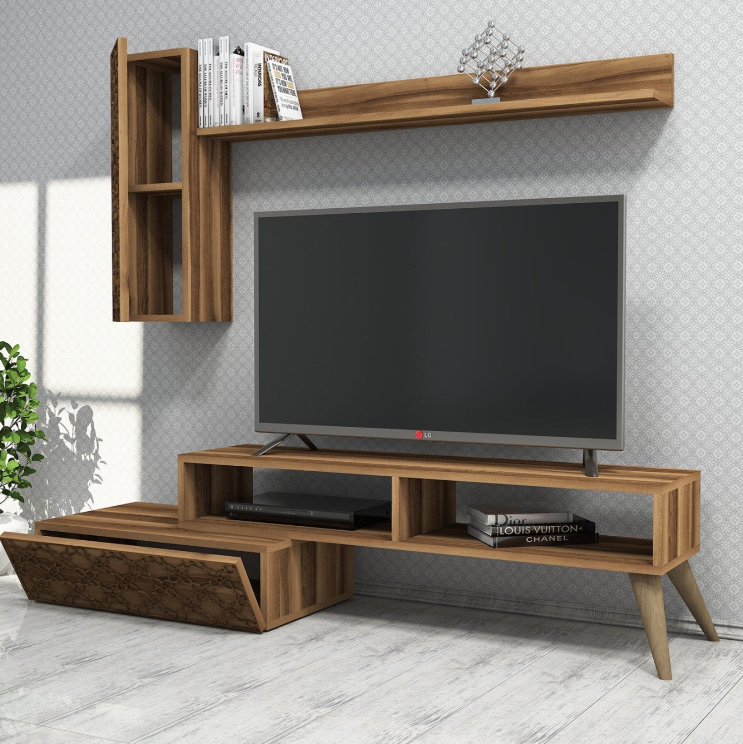 TV FURNITURE SET HM9518.03 MELAMINE IN WALNUT COLOR 150x37.2x37.8Hcm.