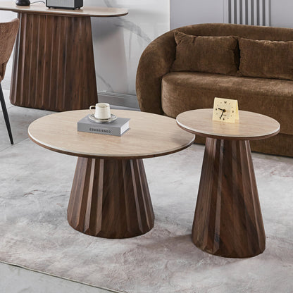 SIDE TABLE WALDEN HM18438 CERAMIC TOP WITH TRAVERTINE STONE LOOK--MDF BASE WALNUT Φ45x56H